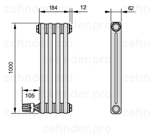 Схема (чертеж) Радиатор Zehnder Charleston 2100/4 №V004 Белый глянцевый RAL 9016
